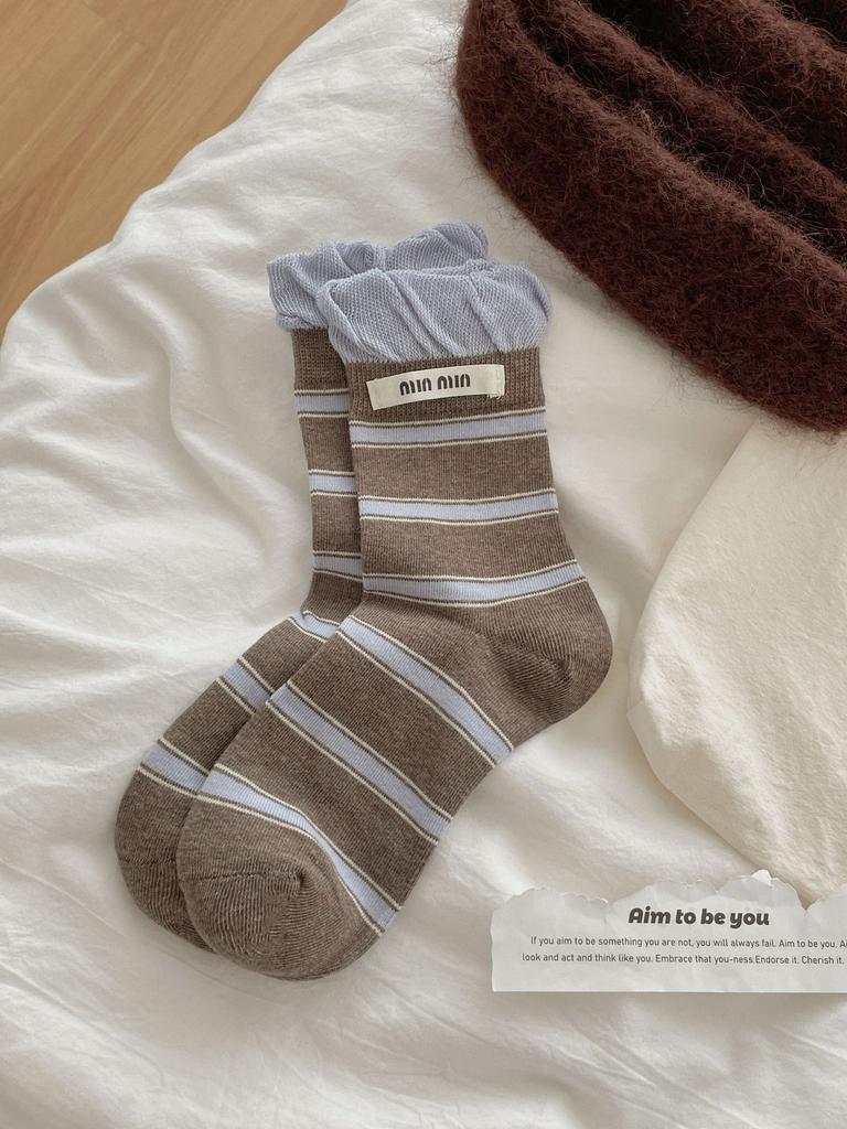 Big Bubble Mouth College Style Cloth Label Striped Pile Socks Korean Mid-Tube Versatile Boneless Socks Are Contrasting Socks