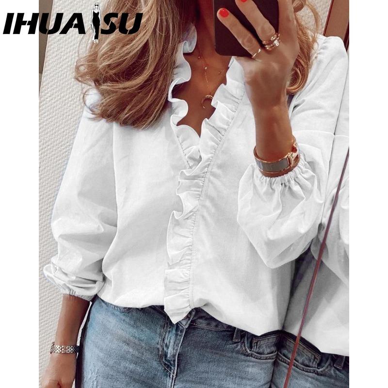 IHUASU Women's Fashion Casual Solid Color Print Long Sleeve V Neck Blouses & Shirts
