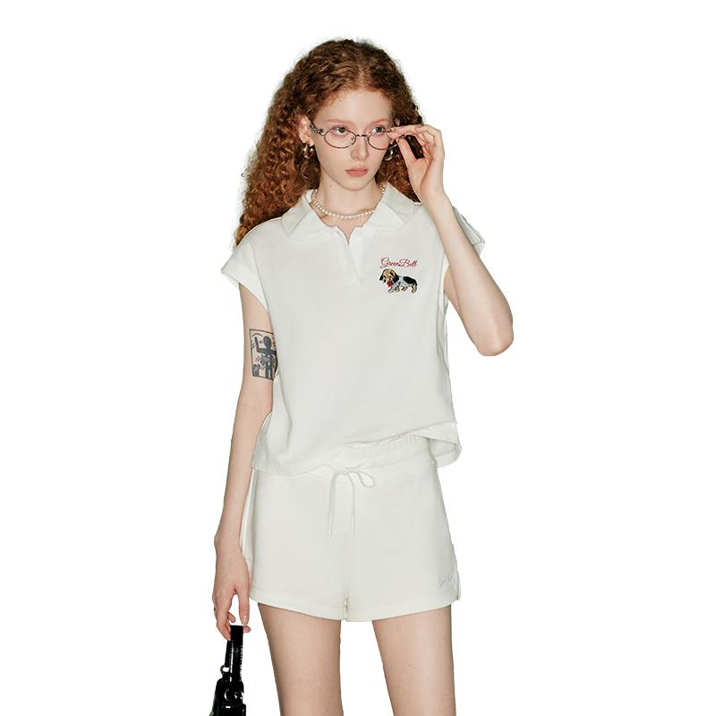 GREEN BELT Puppy Embroidery Short Sleeve Polo Shirt & Sport Shorts L