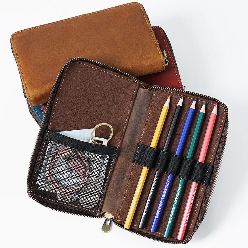 Genuine Leather Zipper Pencil Case Retro Zip Pen Pouch For School Students Supplies Gifts Cowhide Pencil Bag with Pen Slots