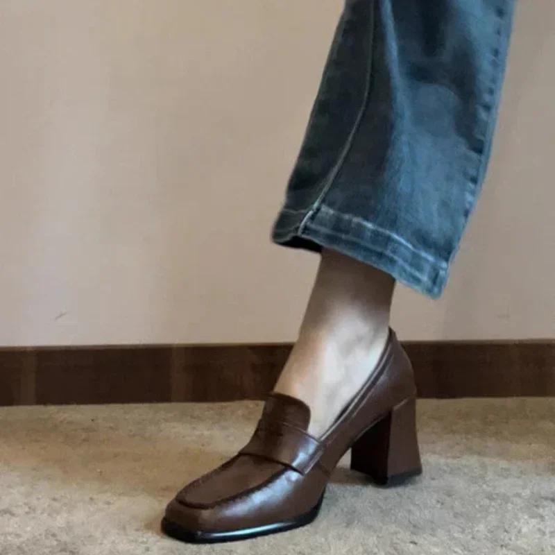 Autumn Women's High Heel Shoes New Fashion Shallow Square Toe Chunky Heel Slip On Shoes for Women Dress Students Mary Jane Shoes