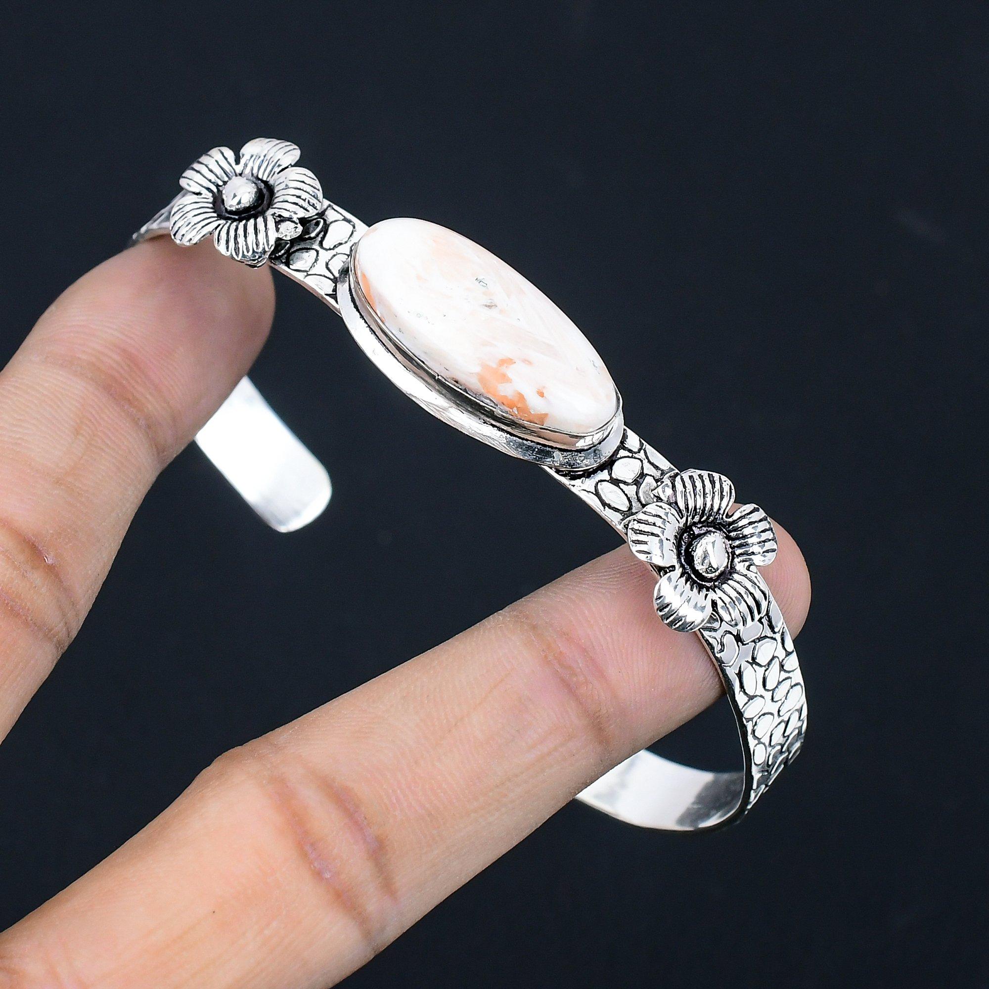 

Womens day Deal Scolecite Gemstone 925 Silver Trendy Flower Boho Bangle Bracelet Adjustable