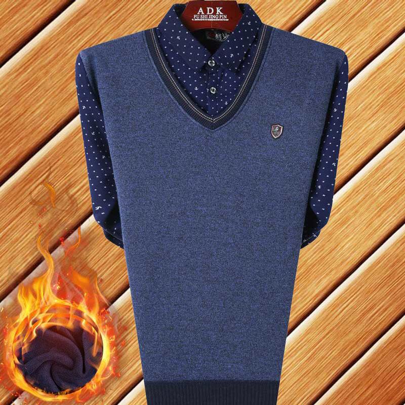 Men's Autumn/Winter Knit Sweater with Fake Two-Piece Shirt Collar - Plus Velvet, Middle-Aged & Young Styles.