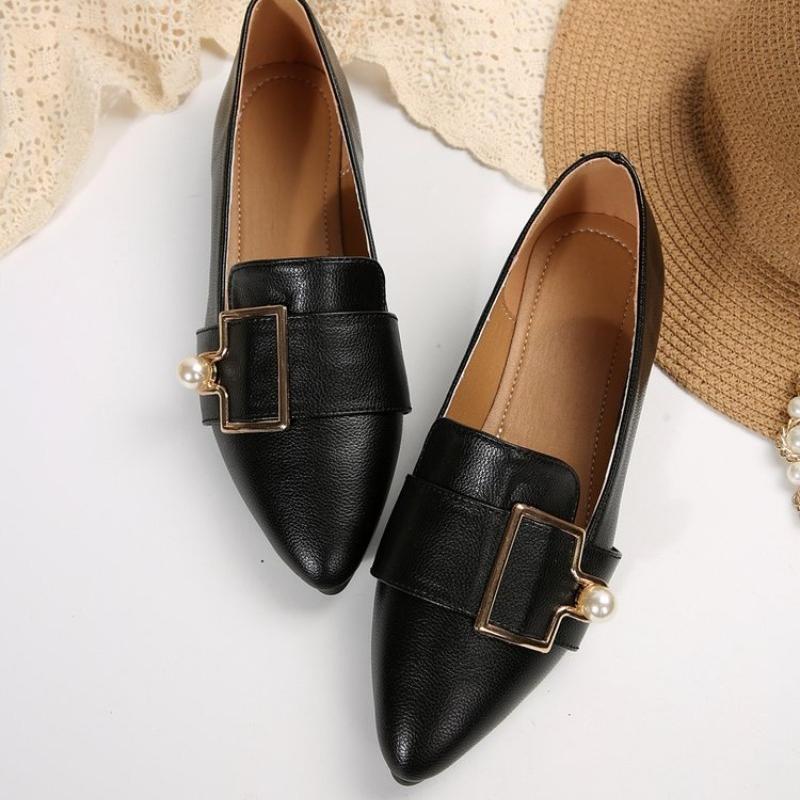 Fashion Women Flat Shoes Chaussures De Femme Solid Color Basic Simple Style Large  Square Head Comfortable Pearls Loafers