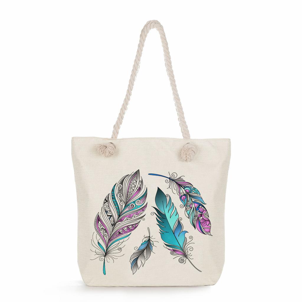 Feather print thick rope single-shoulder beach bag 7221