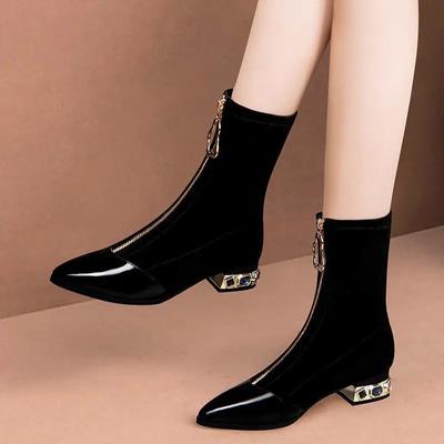 Mode Spitz Zehenbereich Strass Reißverschluss Mode Stiefel Mode Hoher Absatz Stretch Stiefel Schwarzes Lackleder Warme Schuhe Casual Botas Mujer