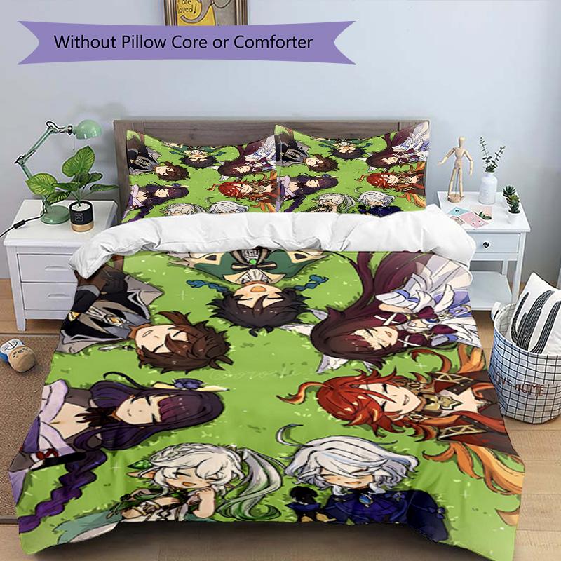 Set copripiumino 3 pezzi (1*Copripiumino + 2*Federe, Senza Nucleo), Set Biancheria da Letto con Stampa Genshin Impact, Decorazione per Camera da Letto, Stagione Unica, Regalo di Compleanno