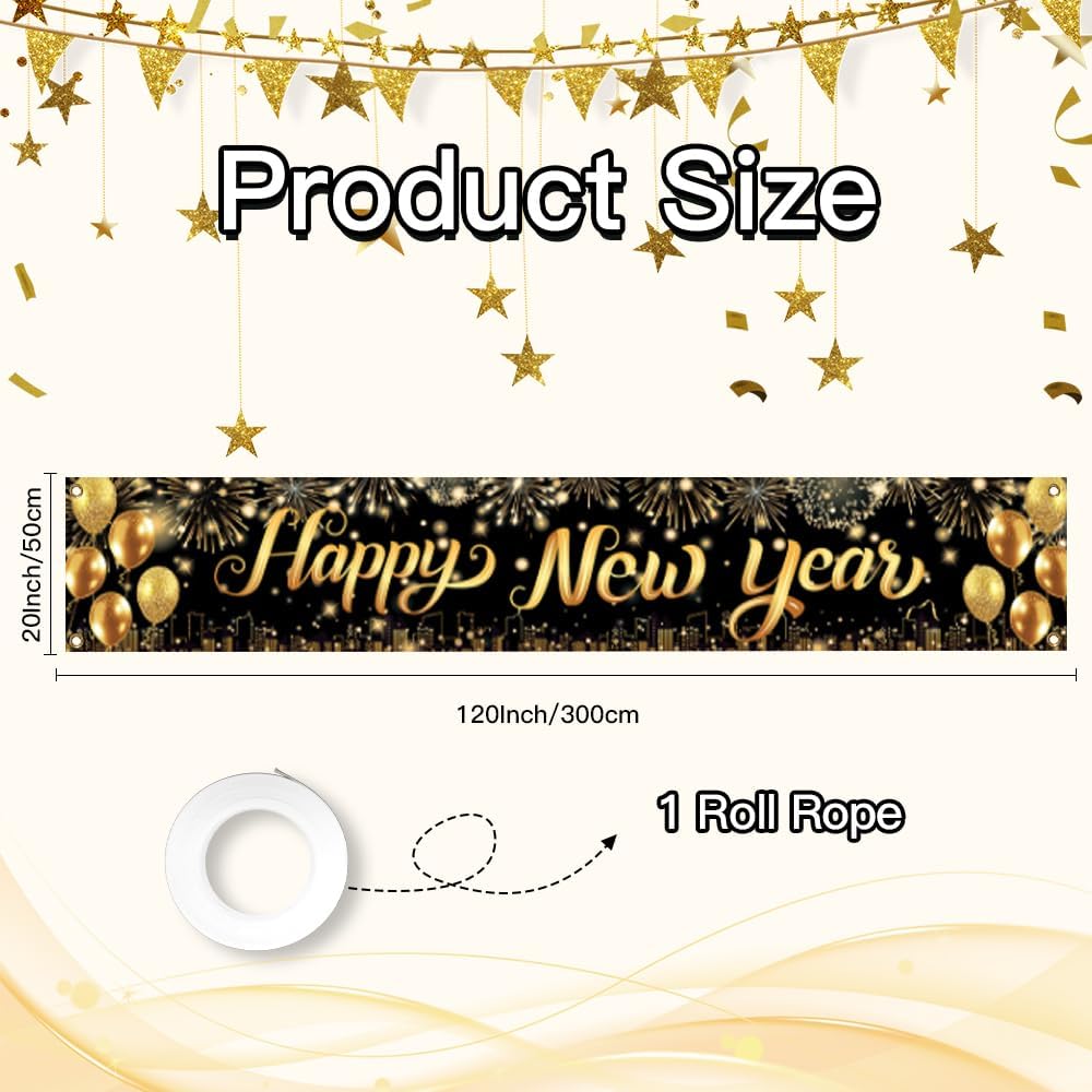 Happy New Year Banner, Large New Year Decorations Banner, 120x20 Inch New Year's Yard Sign Backdrop with Firework for Home 2026 Lunar New Years Eve