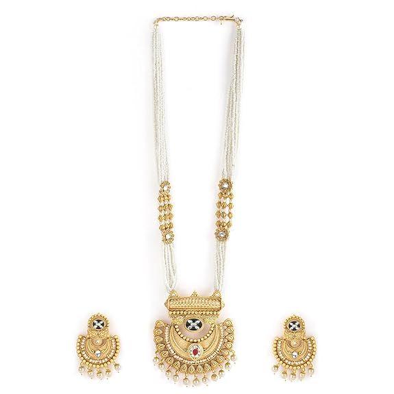 Gold-Plated Handcrafted Artificial Traditional Jewelry Set-Ruby/Kundan Stones & Pearl Beaded Multistrand with Matching Earrings For Women and Girls