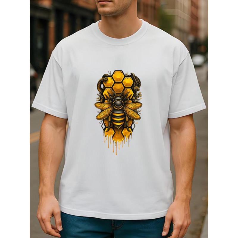 European Size Hive Bee Snake Dark Natural Style Fashion Trend T-shirt, Men's Casual Short-sleeved Round-neck Pattern Printed T-shirt, Four-season