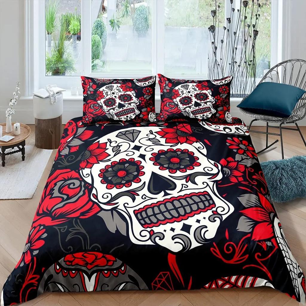Sugar Skull Comforter Cover Set Teen Girl Bedding Set,Sugar Skull Decor Bedding Skull Roses Floral Print Duvet Cover Set