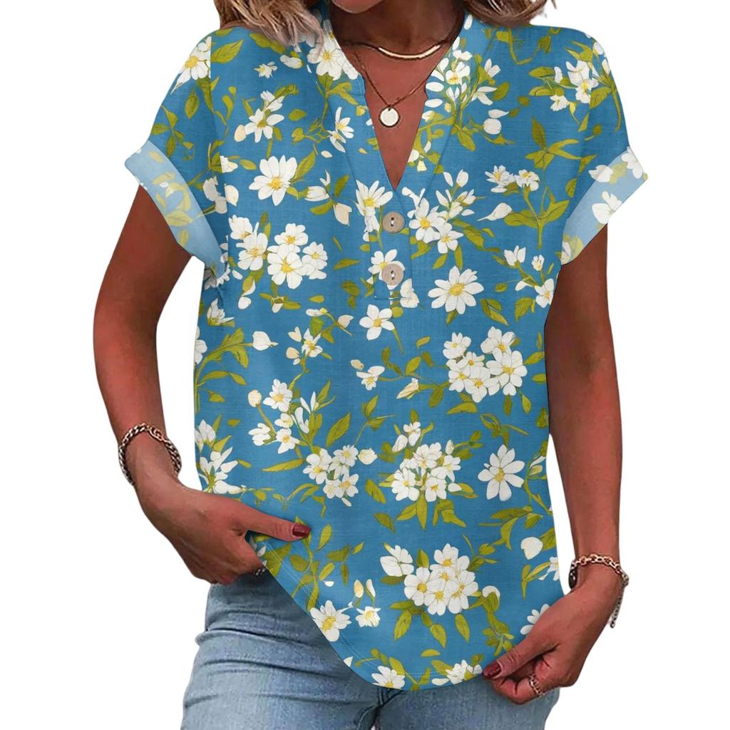 Damen Lässige Mode V-Ausschnitt Knopf Floraler Druck Kurzarm Top