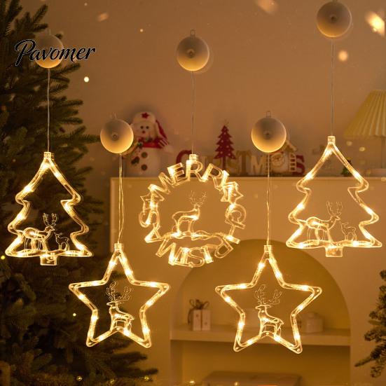Suspended Starlight Window Accents LED Christmas Star Light, Tree Letter Suction Cup Hanging Lamp Reusable Decoration Set for Glass, Battery Operated