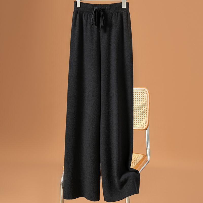 

Осенне-зимние элегантные шерстяные широкие брюки женские с высокой талией свободные утолщенные повседневные брюки для уборки корейские повседневные трикотажные длинные брюки 3XL чёрный