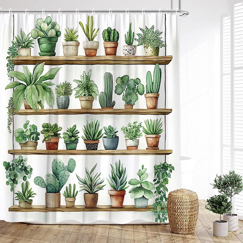 Green Plants Shower Curtain Tropical Plant Bonsai Rabbit Cactus Bath Curtains Polyester Fabric Home Bathroom Decor With Hooks