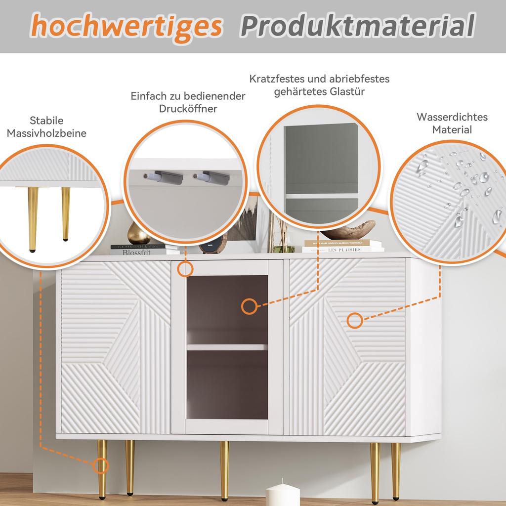 Sideboard mit 3 Türen, Kommode mit Glastür und Metalfüßen Buffetschrank für Esszimmer Wohnzimmer oder Flur, 120x38 x79.5 cm, Weiß