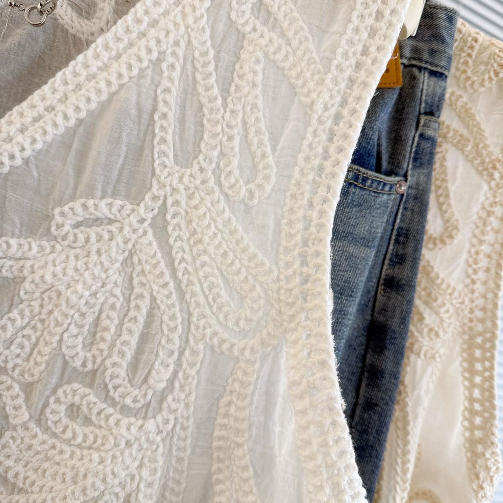 DIMANAF 2025 Ny Kort Väst T-shirt Dam Ärmlös Knappar Stickning Spets Väst V-ringad Sommarstil Bas Toppar T-shirts Lös Klädsel