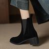Krazing Pot Cow Suede Nubuck Square Toe High Heels Chelsea Boots Size 42 Slip on Women European Style Ankle Boots