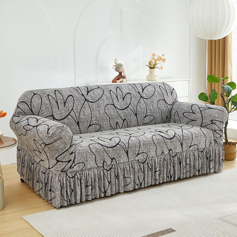 Elastic Sofa Cover with Ruffled Skirt & Geometric Pattern - One-Piece Slip-Resistant Dust-Proof Slipcover for 1-4 Seater Sofas