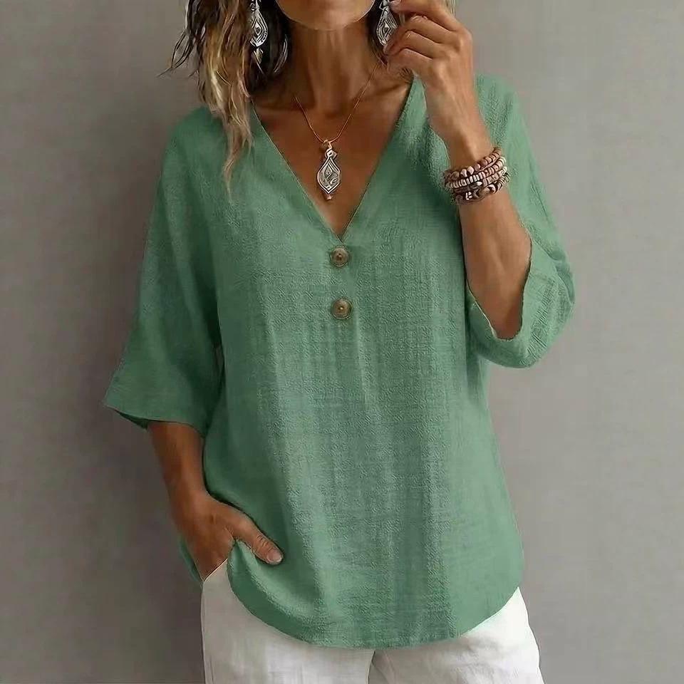 Blusa Casual da Donna con Scollo a V, Maniche a 3/4, Dettaglio Bottoni, Misto Lino
