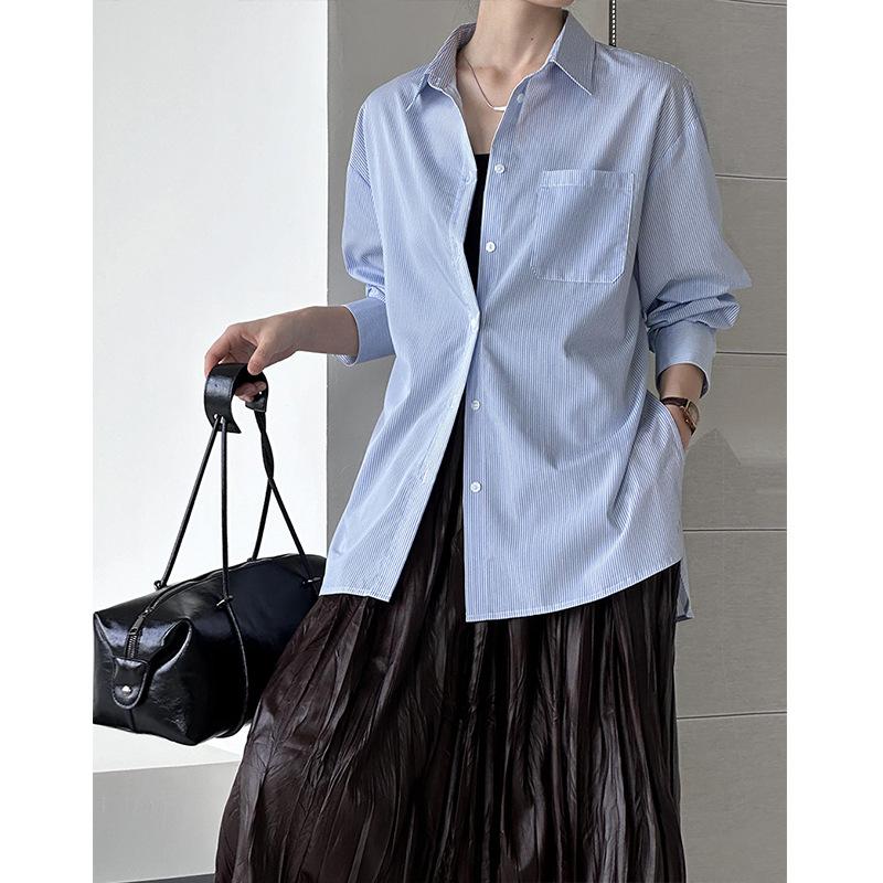 Tachibana early spring new top design lazy loose blue and white stripes loose simple shirt women 1619