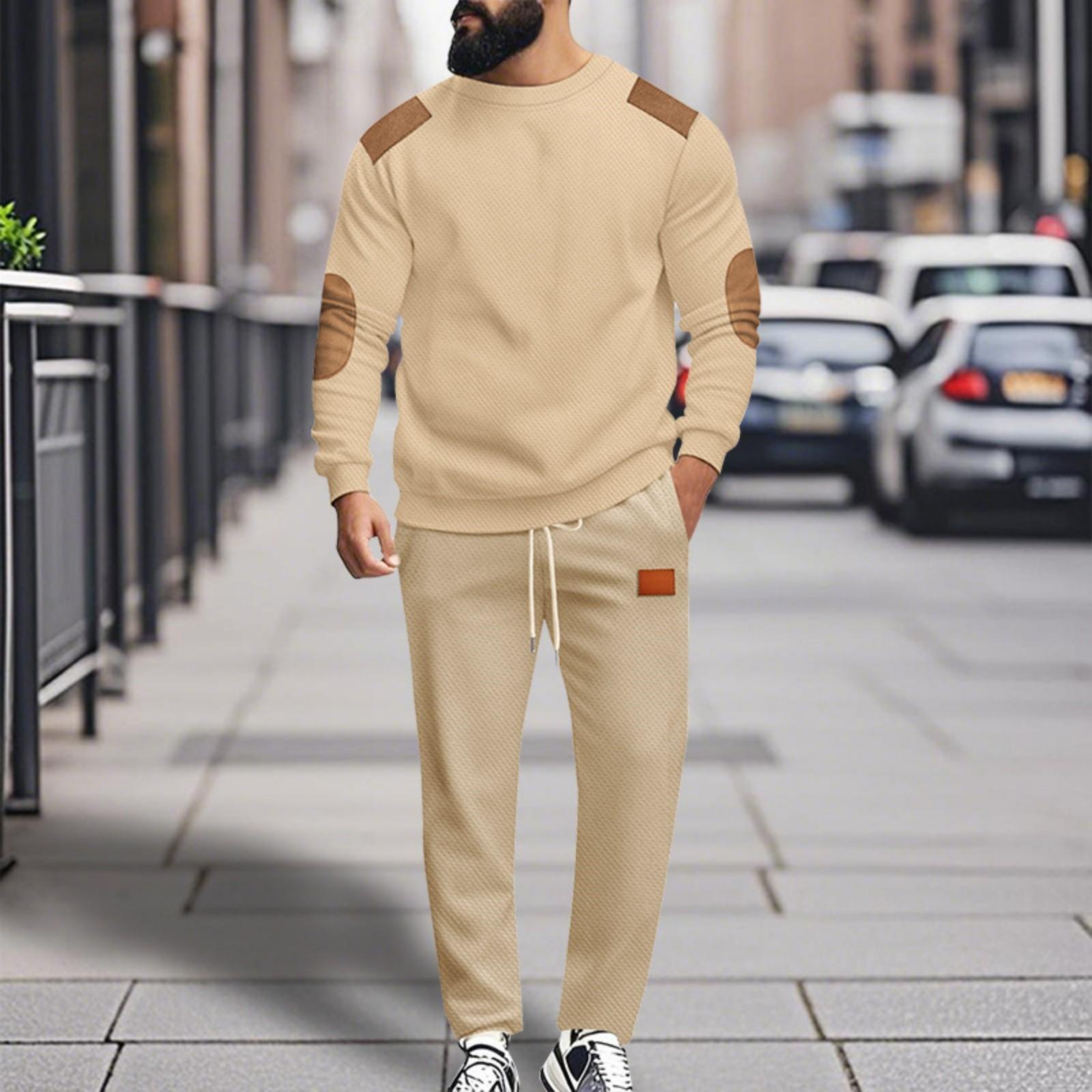 

Men s Casual Athletic Set - Colorblock Contrast Long-Sleeve Elastic Waist Drawstring Loose-Fit Pants Two-Piece Comfortable Tracksuit L хаки