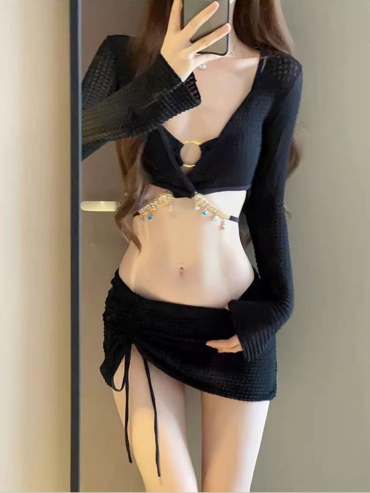 4Pcs Swimsuit Women Fashion Solid Padded Bikinis Sets Bathing Suit Sexy Beach Party Cover Up Long Sleeve Crop Tops and Wrap Skirt