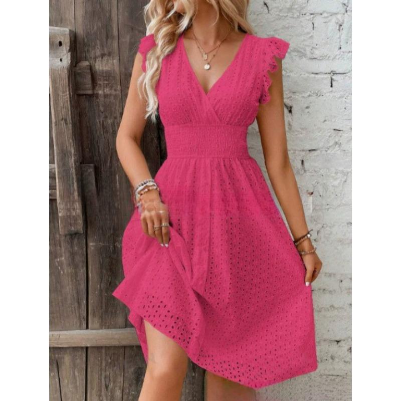 Women's Ruffle Sleeve Hollow Out Dress Elastic Waist V Neck Midi Sundress Casual Summer Party Dress