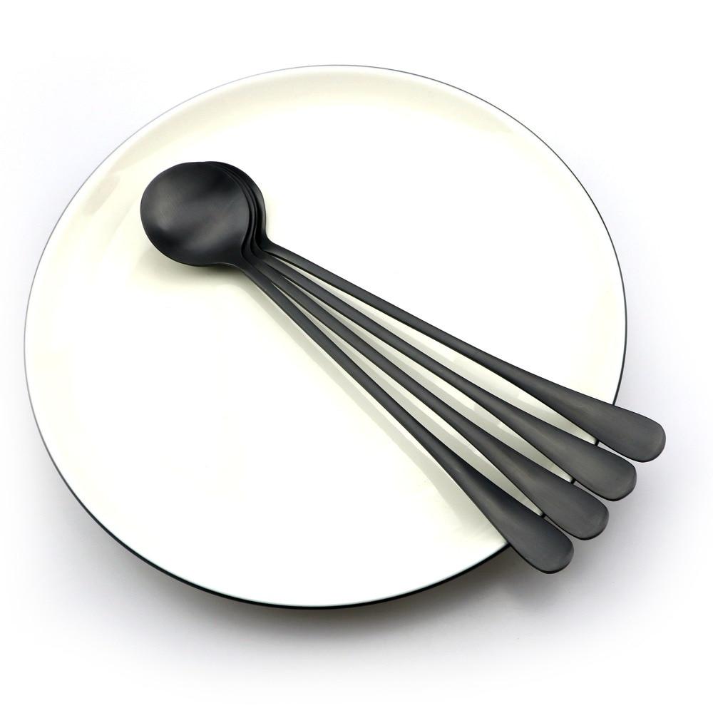 4/8pcs Cute Matte Black Teaspoons Coffee Soup Round Long Handle Scoops 18/0 Stainless Steel Dinner Set Ice Cream Cocktail TableSpoons