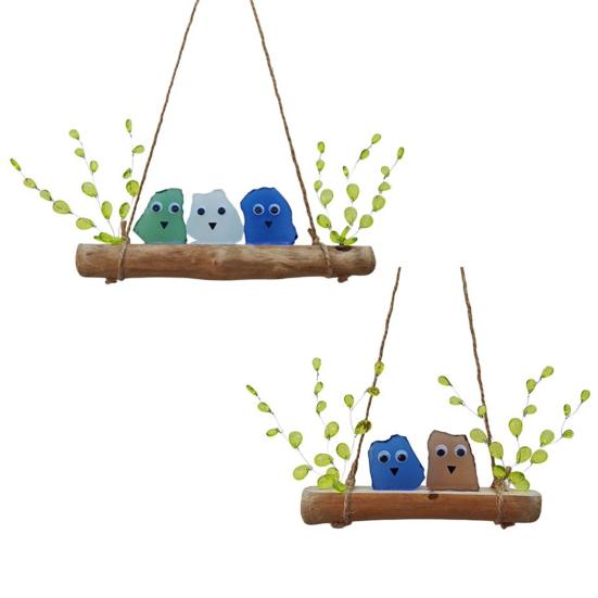 Colorful Sea Glass Bird Perch Handmade Sea Glass Birds on Branch Wall Art for Coastal Home Garden Window Hanging
