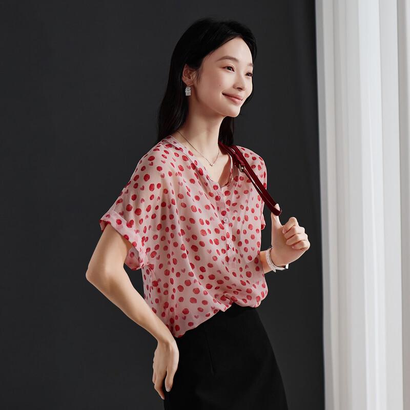 SOFSIL Women s Polka Dot V-Neck Short Sleeve Shirt M