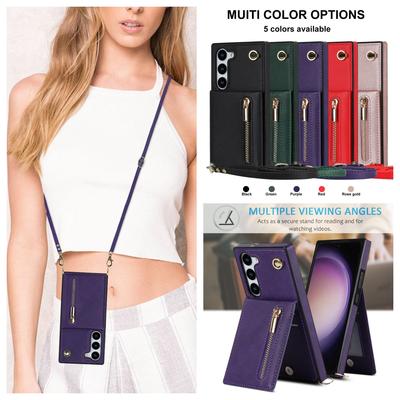 Étui portefeuille à fermeture éclair multi-cartes et longue corde de suspension pour iPhone série Samsung Galaxy S9 S10 S20 S21 S22 S23 Note9 Note10 Note20...