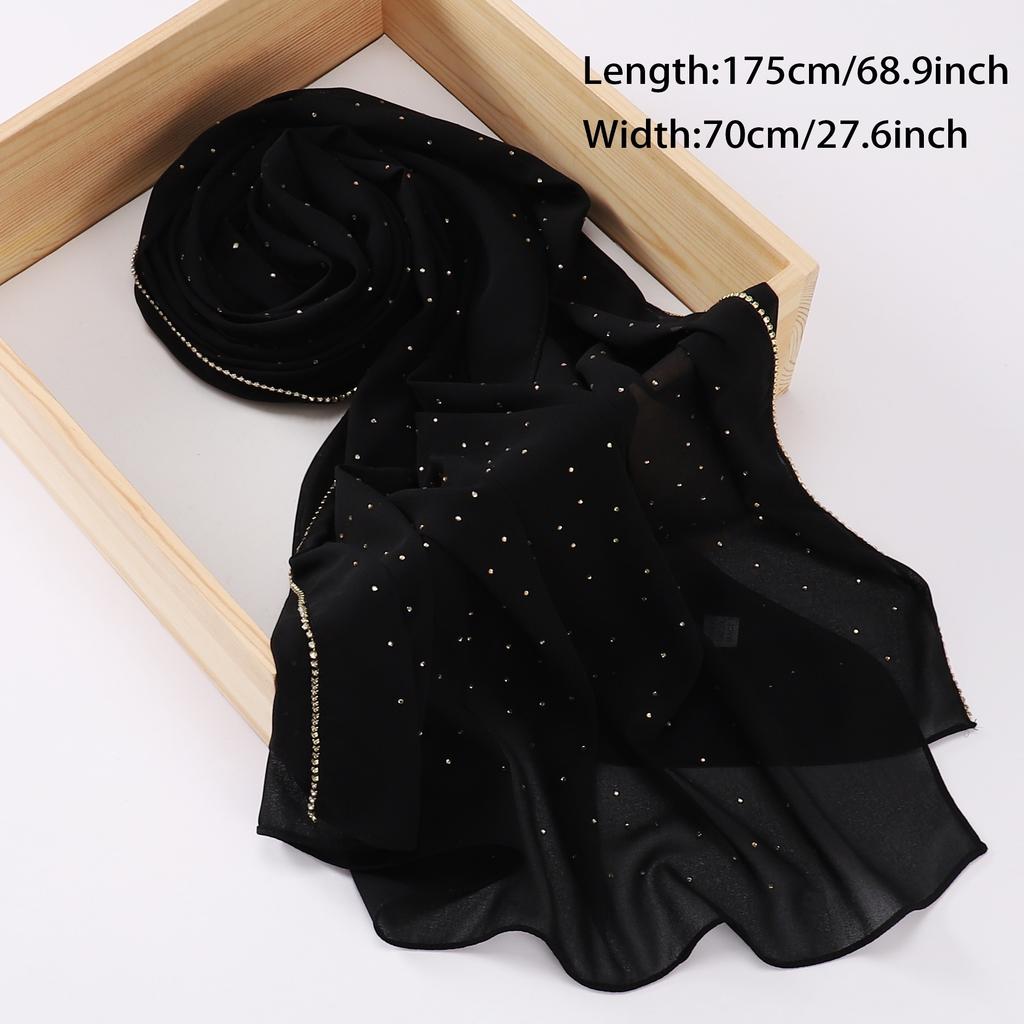 Rhinestone Edge Chiffon Hijab Elegant Thin Breathable Sunscreen Head Wrap Casual Outdoor Decoration Bandana Gift