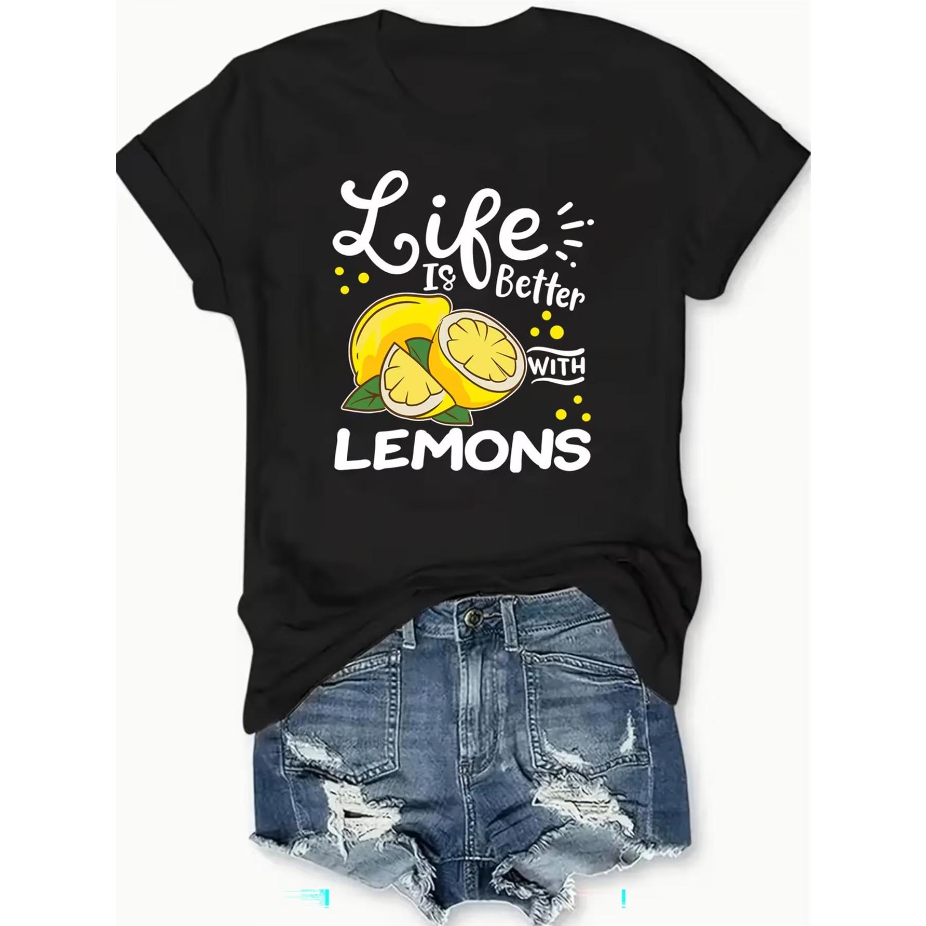 

Women s Plus Size Oversized Lemon Slogan T-Shirt - Lemon Is Better with Cute Summer Top, Round Neck Short Sleeve Blouse, Casual Lemon-Themed Outfits XXL чорний