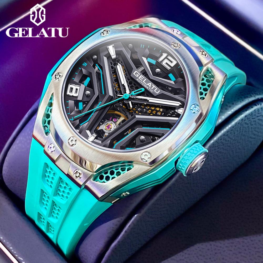 GELATU 6007 Skeleton Automatic Watches for Men Fashion Silicone Strap Hollow Waterproof Luminous Men's Mechanical Wristwatches