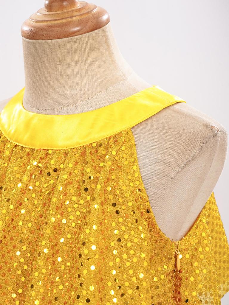 Gestuftes Rüschen-Mädchen-Tanzkleid Glänzende Pailletten Patchwork A-Linie Ärmellos Aufführungskostüm