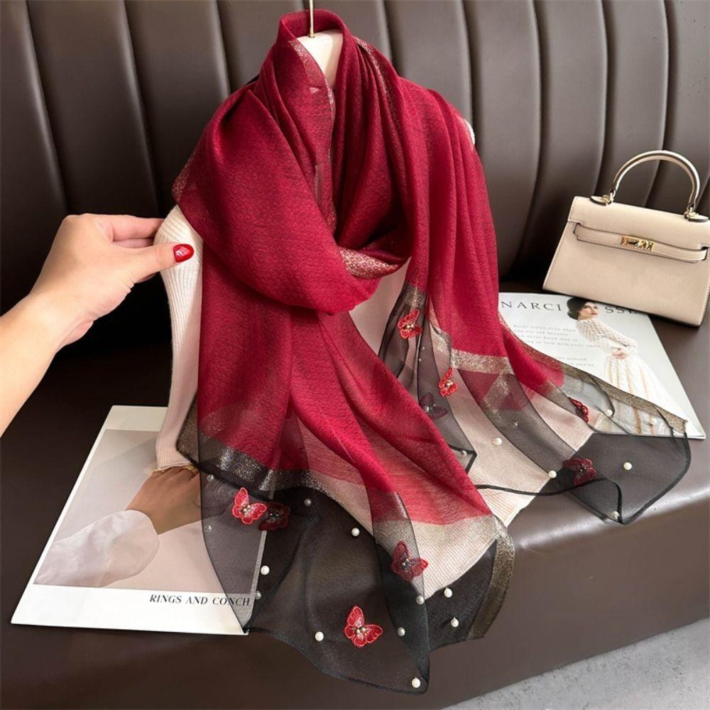 Pearl Silk Scarf Thin Women Hijab Shawls Headkerchief Butterfly Embroidery Scarf Spring and Autumn