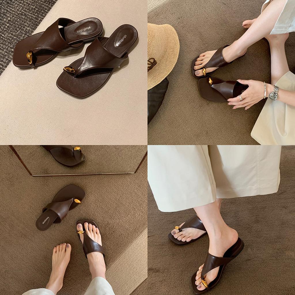2025 New Set of Toes Square Head Versatile Flat Bottom Outer Wear Herringbone One Pedal Open Toe Cool Slippers Women's Summer Beach Shoes