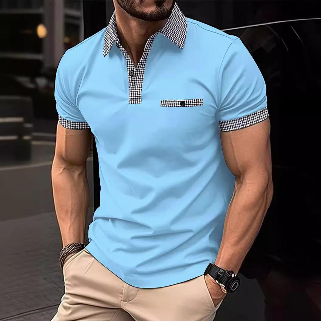 European American Style Men's Summer Short Sleeve Polo Shirt Button Turn Down Collar T-shirt Color Block Sports Rugby Shirt