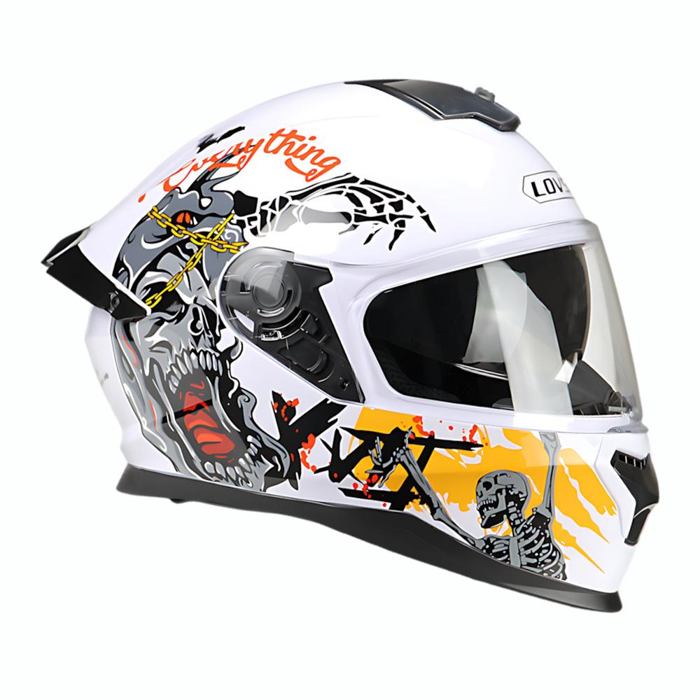 Motorcycle Helmet White Skull Full Helmet Men's and Women's Four Seasons Universal Double Lens Cycling Electric Vehicle