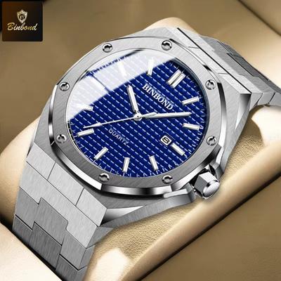 Modische Herrenuhr Edelstahlarmband mit achteckiger Schraube Dekorativer Ring Quarzwerk Business Quarz Herrenuhr