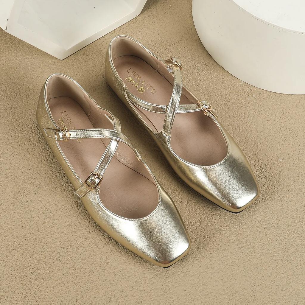 Fashion Low Heeled Mary Jane Single Shoes 2025 Women Shoes Retro Shallow Ballet Shoes Cross Buckle Shallow Soft Sole Flats Plus Size 44