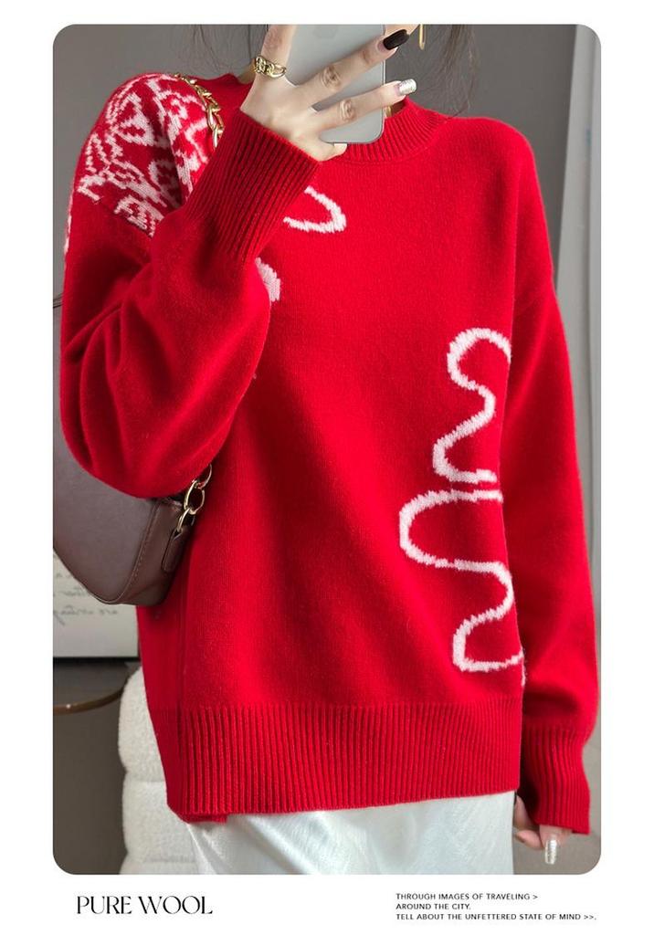 Women's Round Neck 100% Pure Wool Jacquard Knit Pullover Sweater - Warm, Slimming Autumn/Winter Top