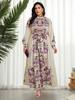Dubai-Inspired Islamic Floral Lantern Sleeve Dress with Stand Collar