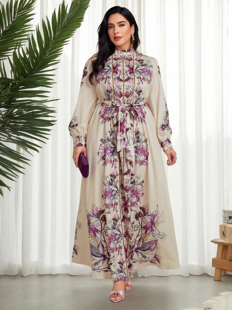 Dubai-Inspired Islamic Floral Lantern Sleeve Dress with Stand Collar