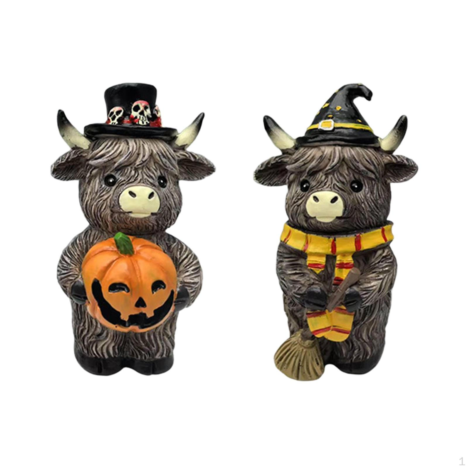 

2Pcs Autumn Highland Cow Statue Resin Ornament for Farmhouse Tea Room Shelf
