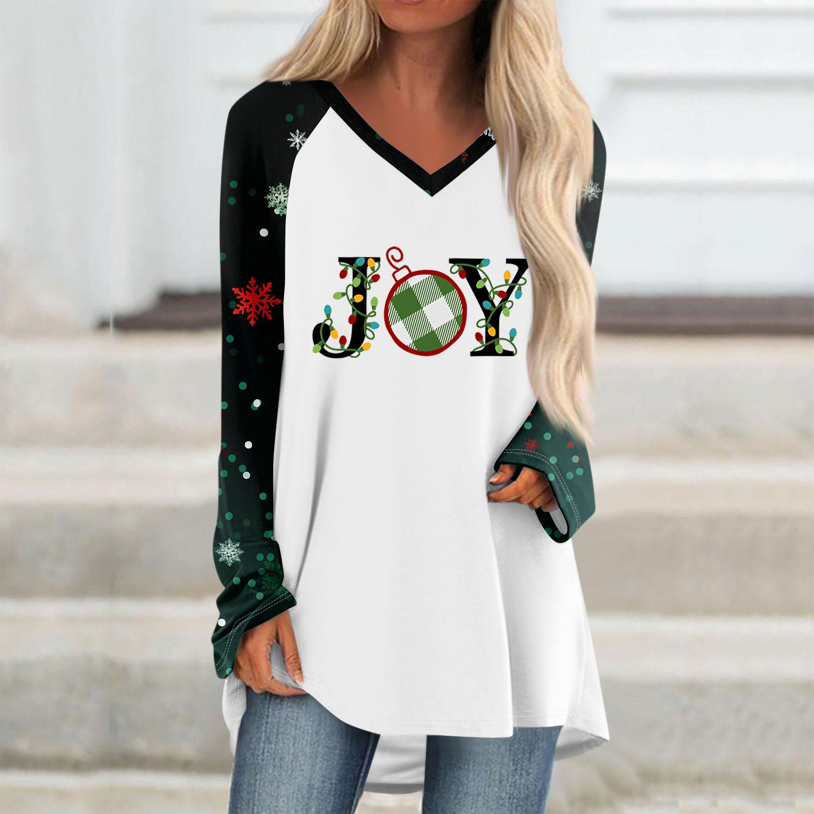 

Женская осенне-зимняя повседневная длинная свободная футболка с длинными рукавами и V-образным вырезом с рождественским принтом XXXL