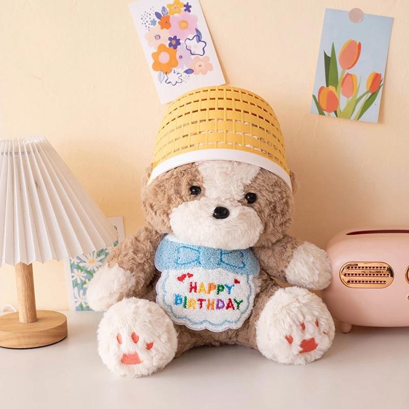 New Bib Dog Plush Toy Stuffed Cute Puppy Fluffy Pillow Room Decoration Sofa Cushion Kids Baby Christmas Birthday Gift