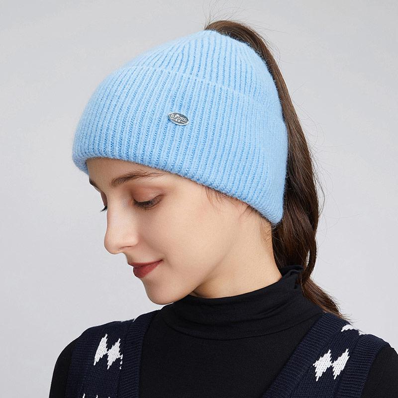 A Women's Knitted Hat with Exposed Braids, Autumn and Winter Thick Ear Protection Hat, Women's High Ponytail Braid
