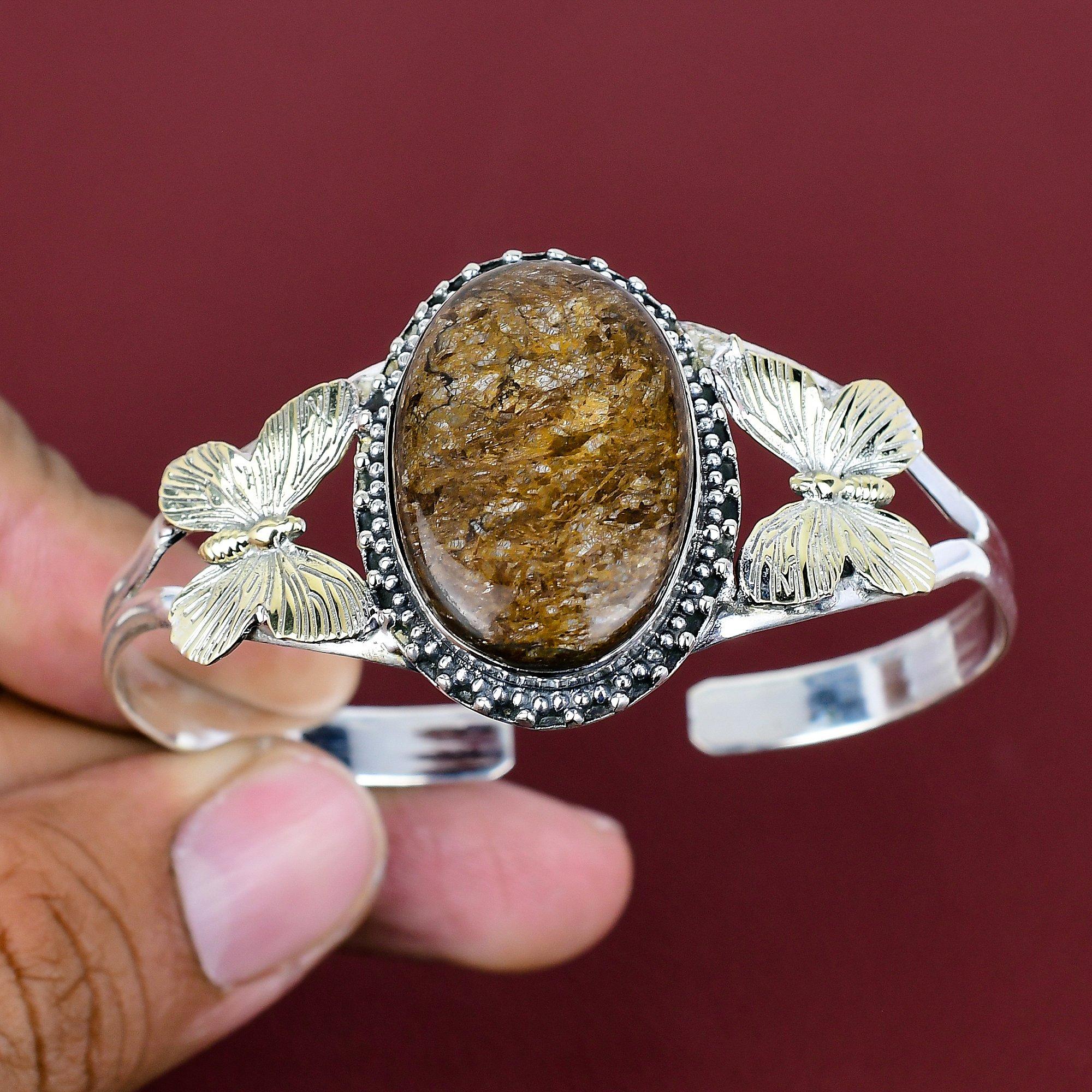 Bronzite real gemstone bangle 925 sterling silver cuff bracelet 18k gold plated butterfly adjustable bangle handmade jewelry engagement gift Adjustable